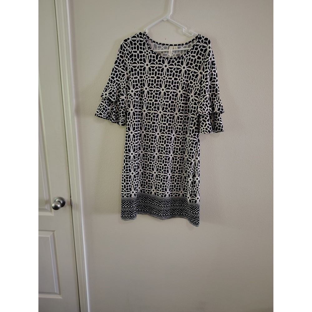 Tacera Navy Blue White Geometric Print Tiered Ruffle Sleeve Shift Dress Womens M